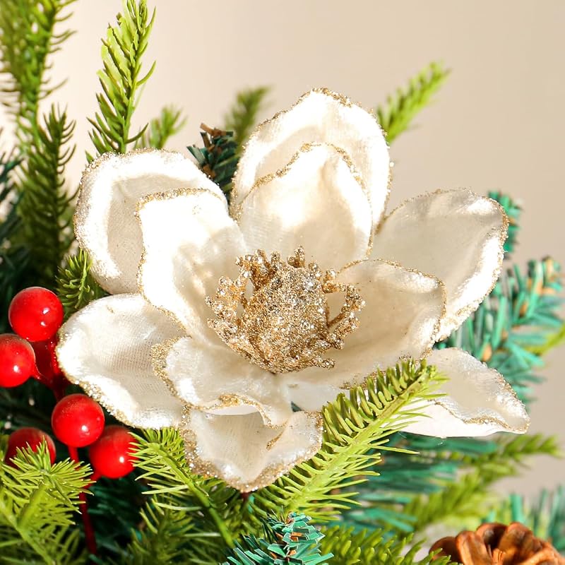 Glitter Poinsettia Artificial Flower 6.3 Inch 10 Pcs Christmas Tree Wreath Ornaments - White (Variation: White a+10)