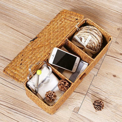 Seagrass Tank Basket - Woven Storage Basket with Lid for Organizing Snacks & Toys | Large 16.5" L x 5.5" W x 5.5" H