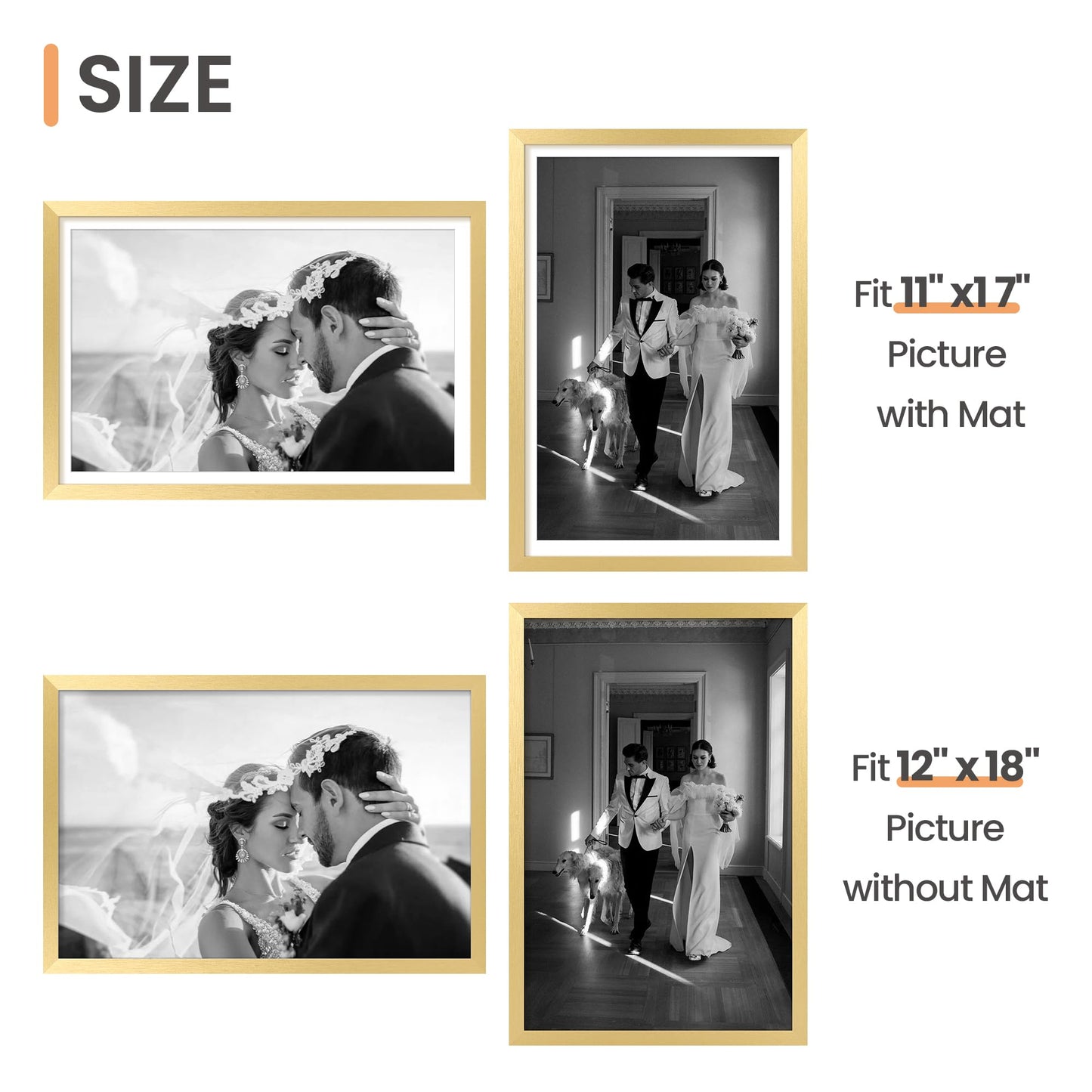 upsimples 12x18 Picture Frame Set of 5, Display Pictures 11x17 with Mat or 12 x 18 Without, Wall Gallery Poster Frames, Gold