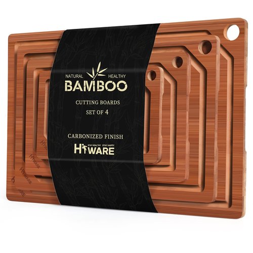 Hiware 4 Pieces Extra Large Wooden Cutting Boards Set- Bamboo Cutting Boards for Kitchen Meal Prep & Serving, Cutting Board with Deep Juice Groove & Built-in Handles, Charcuterie & Chopping Board