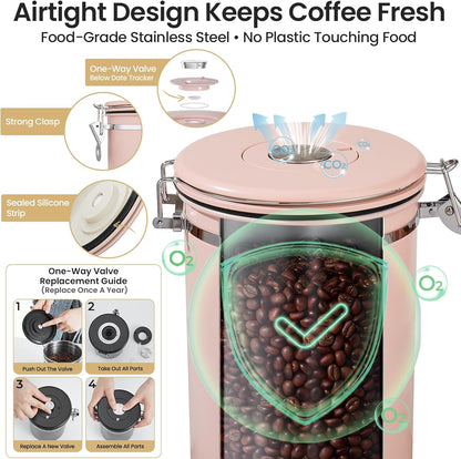 Veken Coffee Canister - 39oz Airtight Stainless Steel Storage for 2.2lbs Coffee, Sugar, Tea | Pink with Date Tracker & Scoop