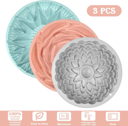 Sakolla Silicone Cake Molds - 3 Pack Flower Shape Baking Molds for Cakes, Breads & Pies | Large Size