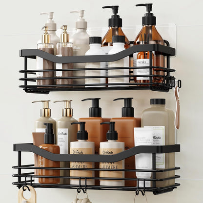 Orimade Shower Caddy - Wall Mounted Rust Resistant Stainless Steel Organizer | 2 Pack, Black with 5 Hooks