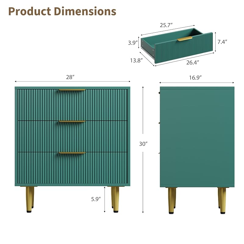 3-Drawer Storage Chest with Vertical Groove Panels and Tapered Metal Legs - Green, 28" × 16.9" × 29.9"