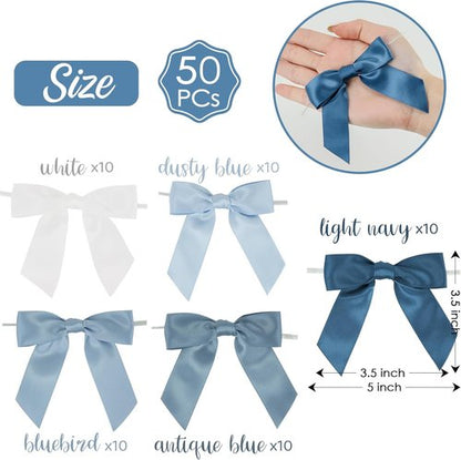 AIMUDI Satin Ribbon Bows - Dusty Blue Twist Ties for Gift Wrapping | 50 Pre-Tied Bows for Weddings & Parties