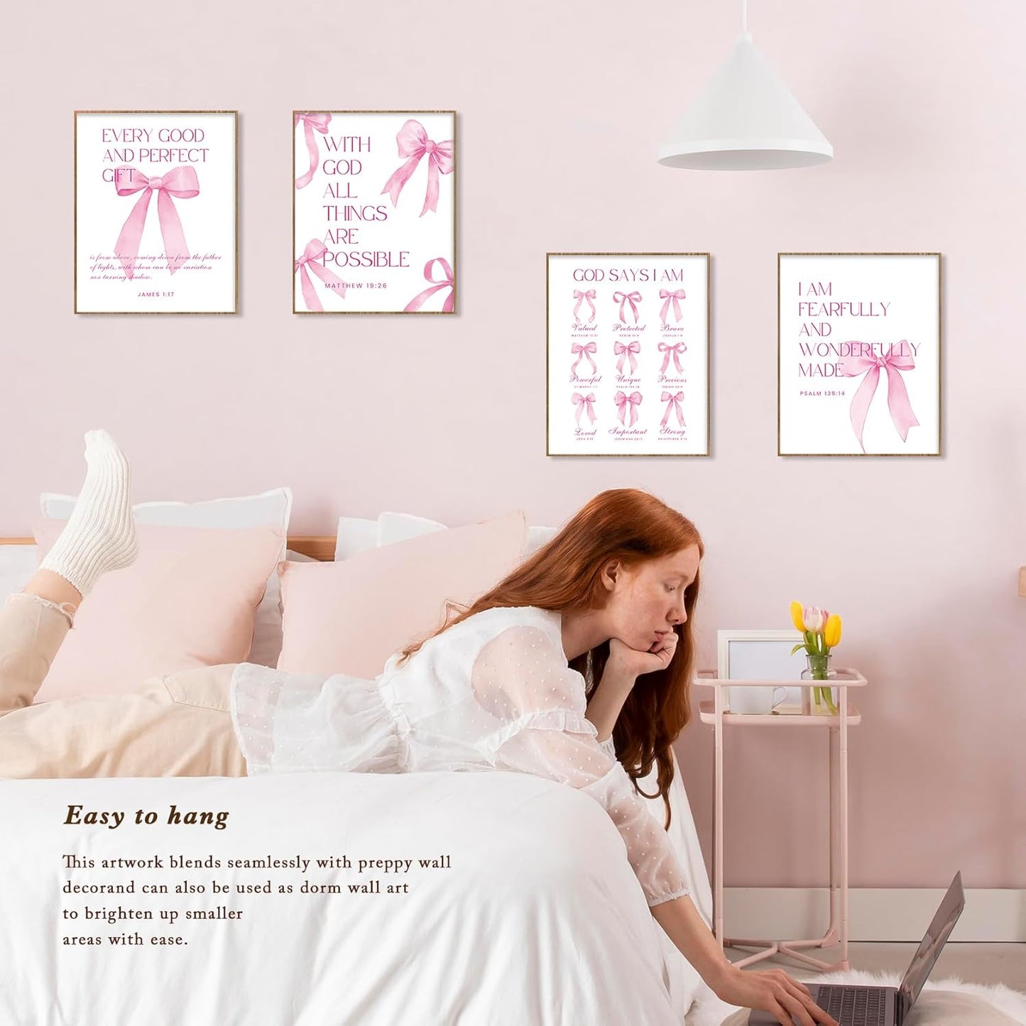 Shescrzionu Coquette Room Decor - 4 PCS Pink Bow Aesthetic Wall Art for College Girls | 10x8 Inch Set