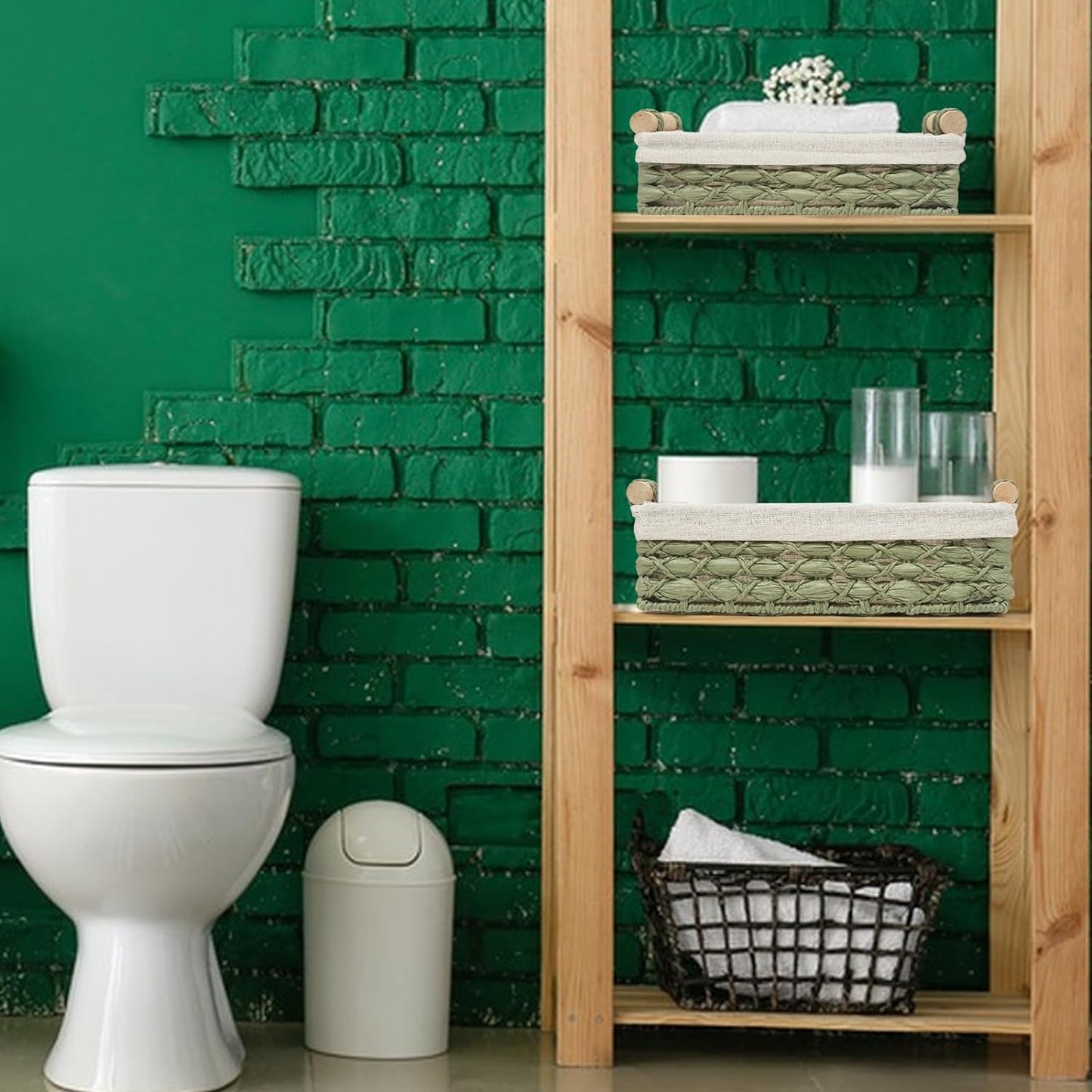 Skiennix Wicker Storage Baskets - Decorative Organizing Bins with Handles | Set of 2, Green