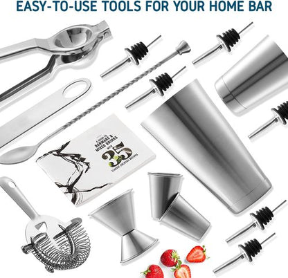 Bar Set Cocktail Shaker Kit - 16-Piece Stainless Steel Mixology Tools | Includes 30oz Martini Shaker, Muddler & Recipe Book