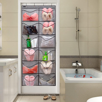 Skiennix Extra Large Shoe Organizer - Hanging Rack with 12 Clear Pockets | Grey Bedroom & Bathroom Storage