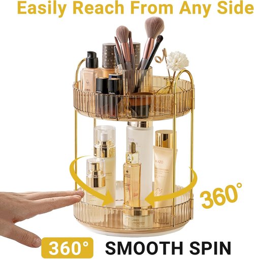 Asayuee 360° Rotating Makeup Organizer - Large Capacity 2-Tier Vanity Storage in Gold