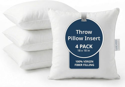 LANE LINEN 4 Pack 18x18 White Throw Pillow Inserts - Fluffy Decorative Couch Pillows for Living Room
