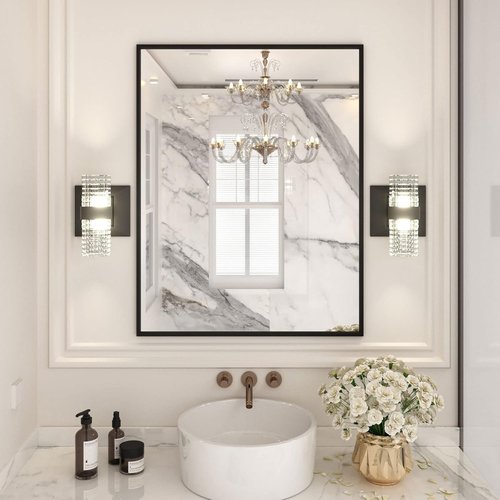 LOAAO Black Rectangle Bathroom Mirror - 28"X36" Matte Black Aluminum Frame, Tempered Glass, Versatile Hanging Options