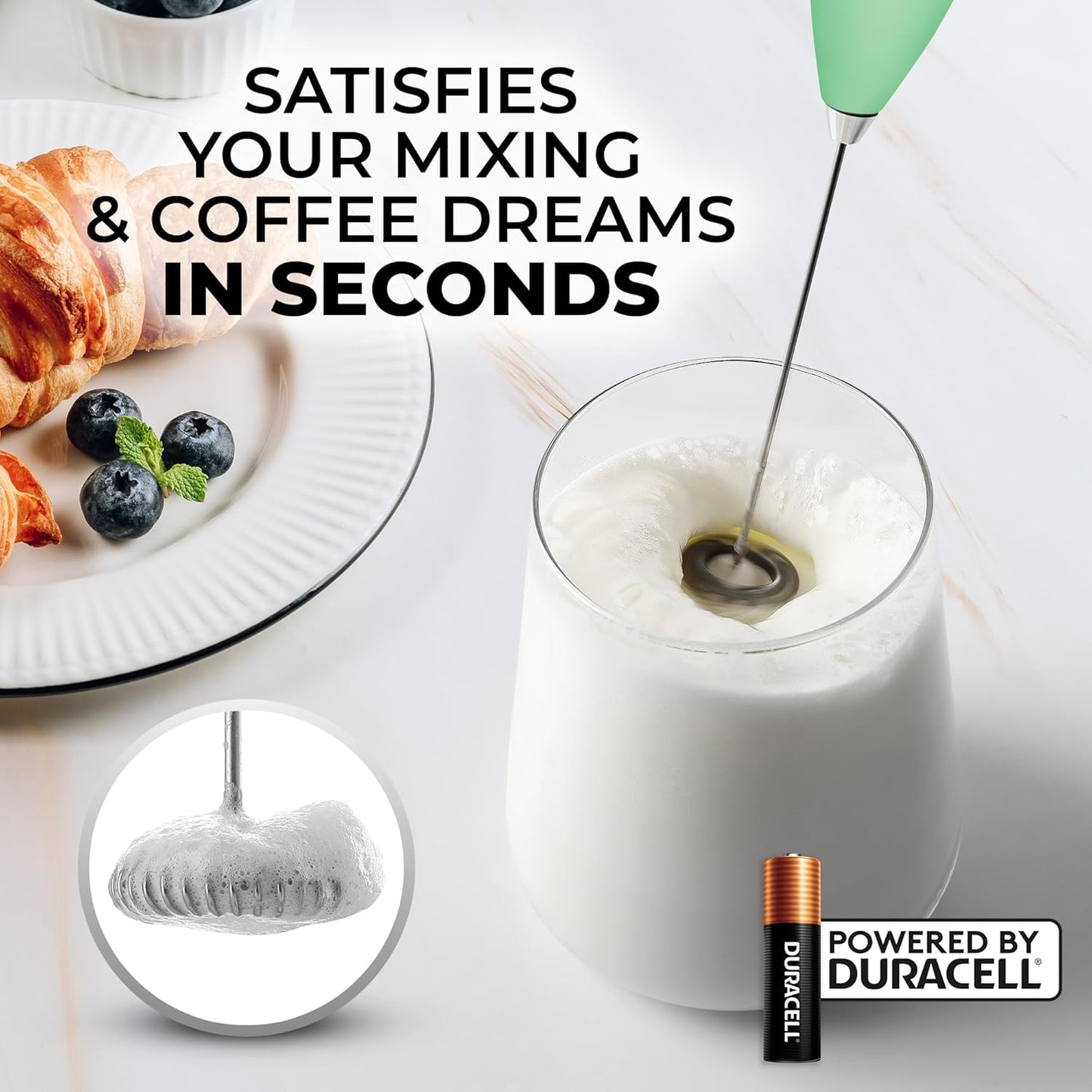 Zulay Kitchen Milk Frother Handheld Electric Whisk with AA Duracell Batteries – Durable Drink Mixer for Coffee, Lattes, Cappuccinos & More - Ocean