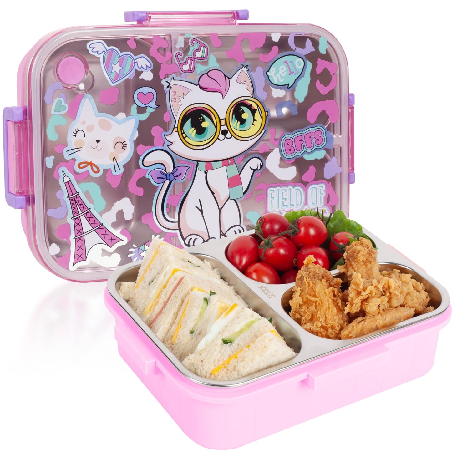 YOYTOO Stainless Steel Bento Lunch Box for Kids, 800ml/27oz BPA-Free Leak-Proof Children Food Containers with 3 Compartments, School Students Daycare Lunches/Snack Container