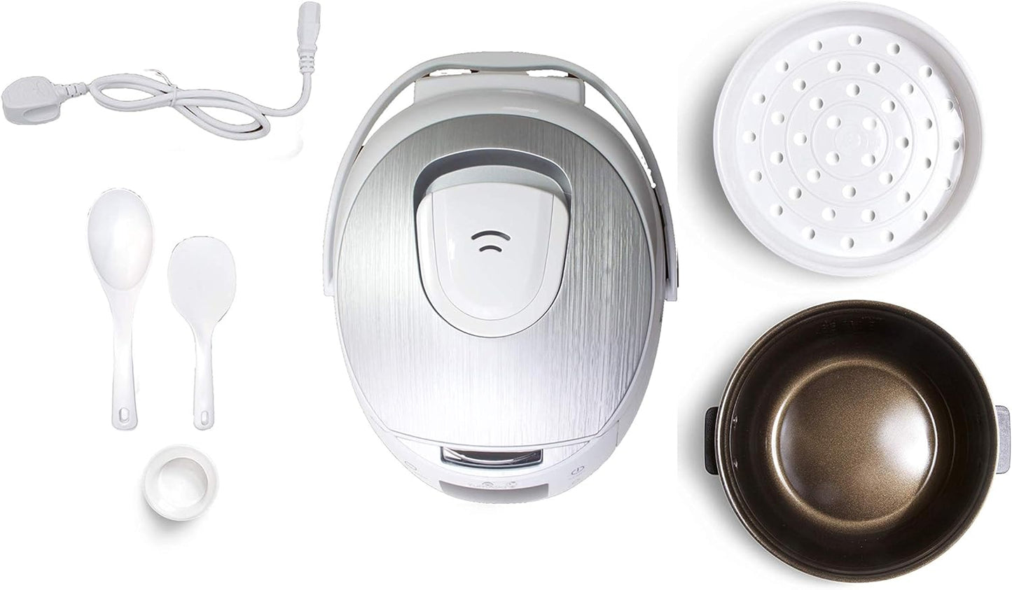 Yum Asia Sakura Rice Cooker - Advanced Fuzzy Logic with Ceramic Bowl | 8 Cup Capacity, White & Silver