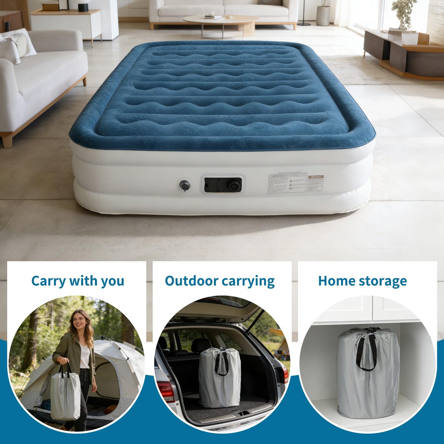 ooiloln air Mattress Queen with Built in Pump 14 Inch Portable Inflatable Mattress Deluxe Flocking Inflatable Mattress for Temporary Guest Accommodation, Camping, and Home use MAX is 660 pounds