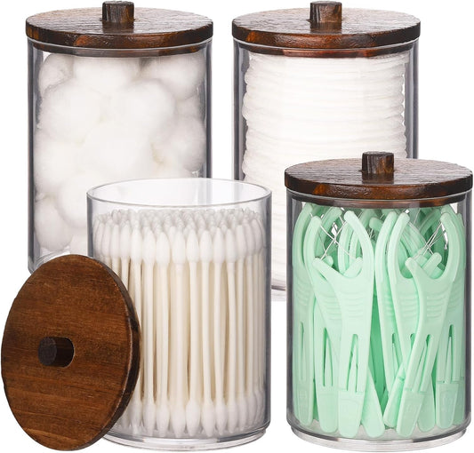 Tbestmax Qtip Holder Bathroom Set - 4 Pack Clear Plastic Organizers with Wood Lids | 10 oz Apothecary Jars for Cotton Balls & Swabs