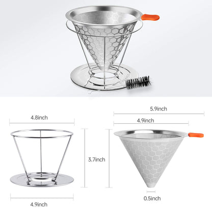 E-PRANCE Pour Over Coffee Dripper, Stainless Steel Coffee Filter Reusable Pour Over Coffee Filter Cone Coffee Dripper with Removable Cup Stand and Bonus Brush