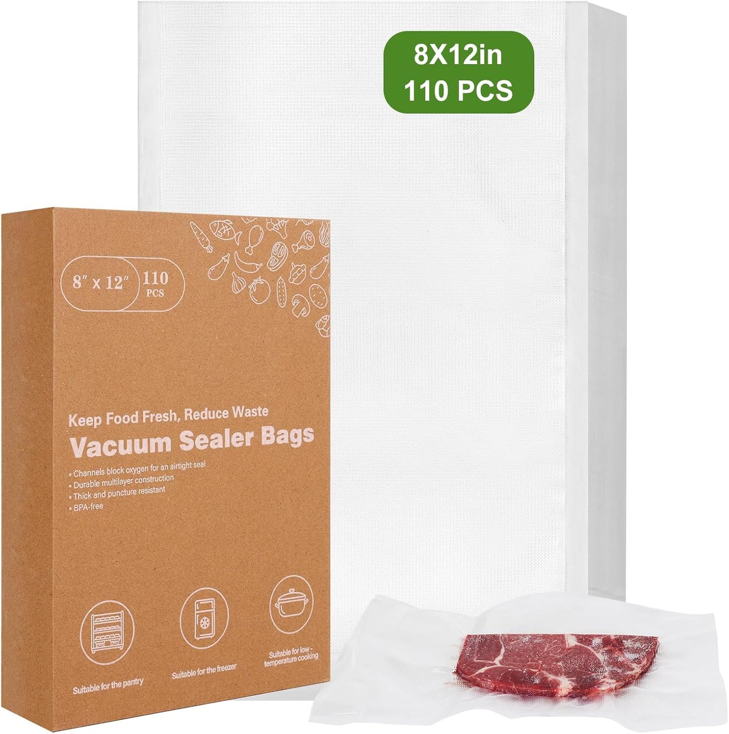 Moretoes Vacuum Sealer Bags - 110pcs BPA-Free Quart Size 8" x 12" | Pre-Cut Commercial Grade for Food Storage & Meal Prep