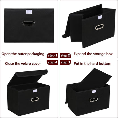 STOREONE Fabric Storage Cube Bins - Foldable Organizer with Lids & Metal Handles | Black, Set of 3