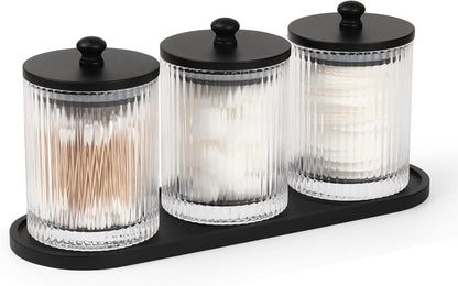 Skiennix 3-Pack Qtip Holder - Elegant Bathroom Organizers with Glass Apothecary Jars & Lids