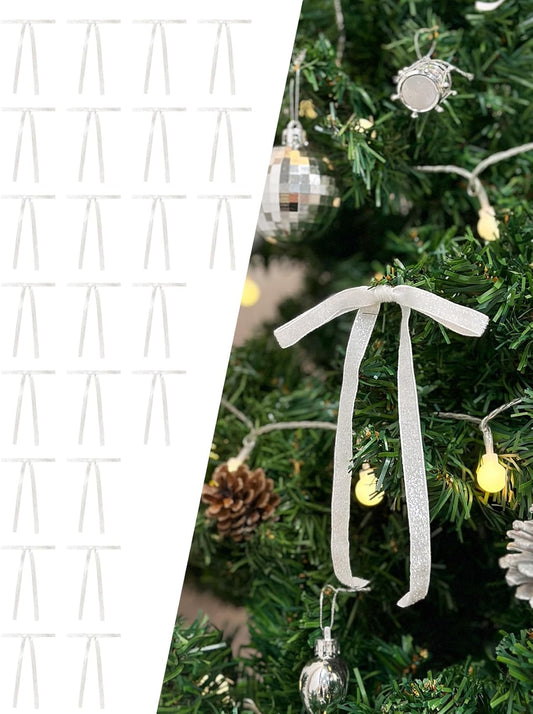 SIMISI Ribbon - 24 Pcs White Glitter Velvet Christmas Tree Bows | Sparkling Door Garland Decor (3/8'' Width, 5" x 7")