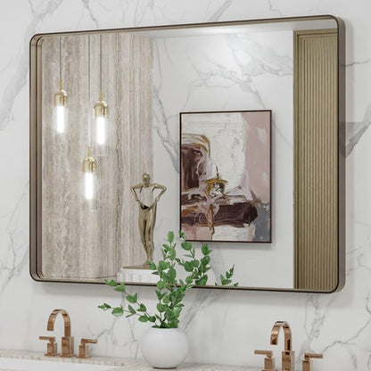 LOAAO 40”X30” Bronze Bathroom Mirrors for Vanity, Rounded Rectangle Brushed Bronze Metal Frame Mirror, Anti-Rust, Tempered Glass, Hangs Horizontally or Vertically