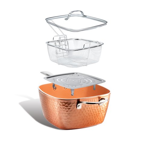 GOTHAM STEEL Nonstick Square Deep Frying Pan, 9.5” Large Cooking Pan with Ceramic Nonstick Coating, Deep Fryer Pot with Basket, 4 Pc Titanium Ceramic with Lid, Basket & Steamer Tray, Dishwasher Safe