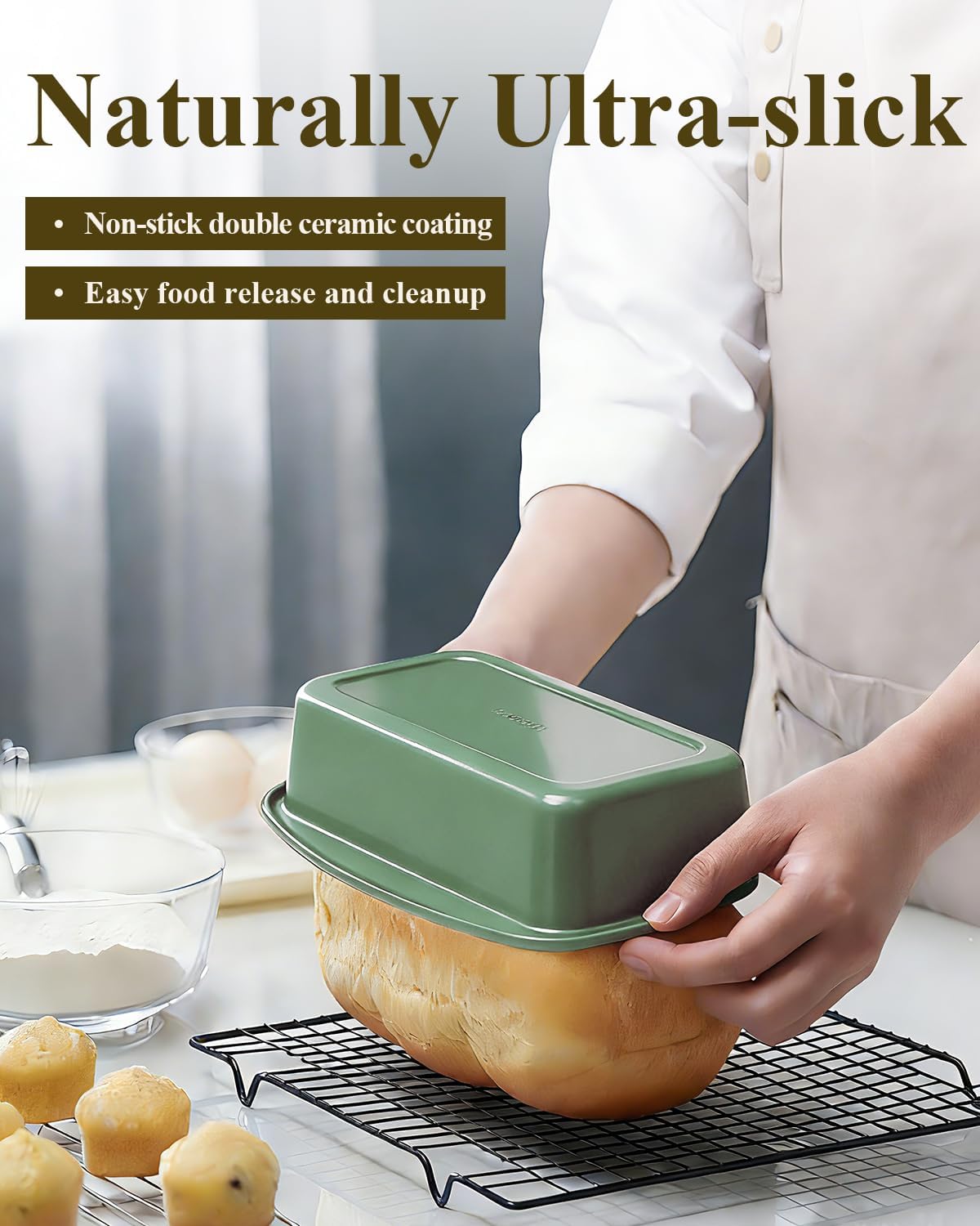 Skiennix Non-Stick Bread Loaf Pan - 9x5 Inch Ceramic Coating, Oven Safe to 550°F, Dishwasher Safe | Pistachio Green