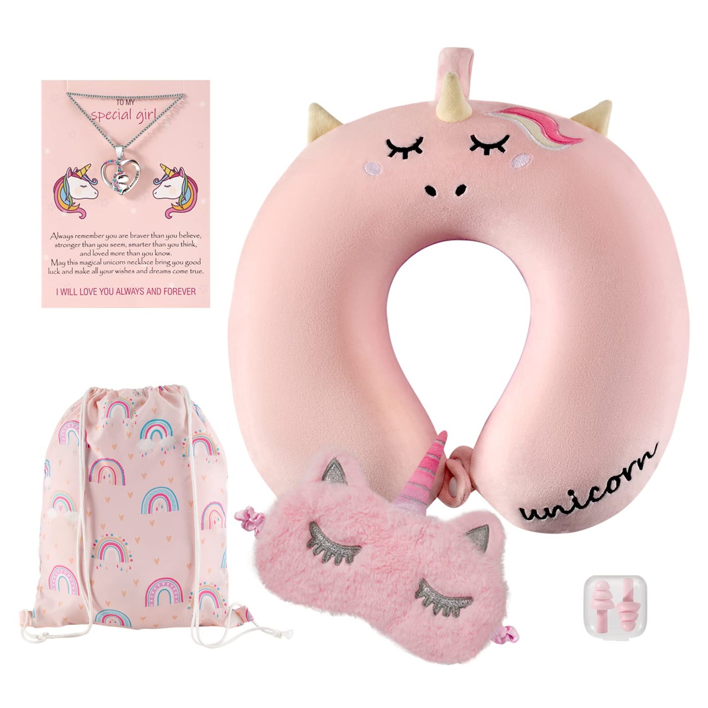 urnexttour Travel Neck Pillow for Kids, Best Unicorn Gifts for Girls with Drawstring Backpack/Necklace/Sleep Mask &Earplugs, Travelling Pillow Set for Airplane, Car, Train, Bus and Home Use (Pink)