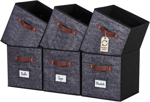 DECOMOMO Storage Bins - Fabric Cube Storage Bins with Labels | 10.5" x 11" | 6pcs, Black Pattern