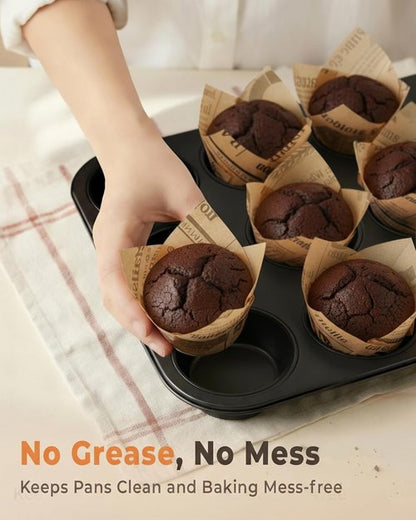 Bake Choice Tulip Cupcake Liners - 200 Pcs Grease Resistant Baking Cups | Newspaper Print Design