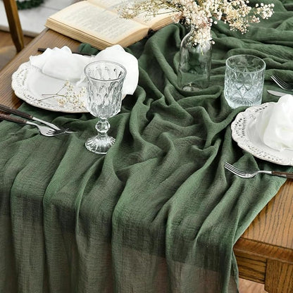 Forest Green 160 Inch Cheesecloth Table Runner - Boho Kitchen Dining Decor