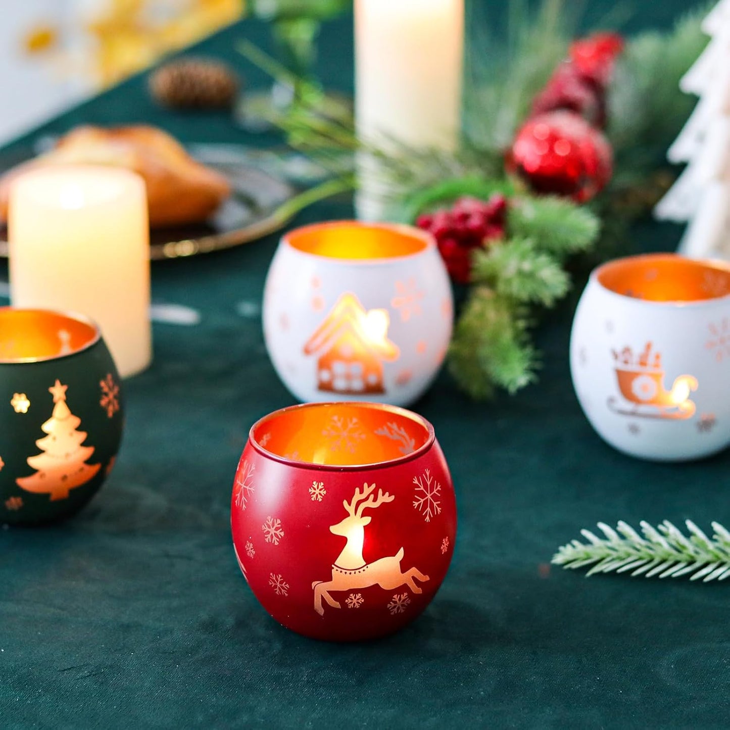 Skiennix Christmas Candle Holders - Set of 4 Frosted Glass Tealight Votives with Holiday Designs | Red, Green, White