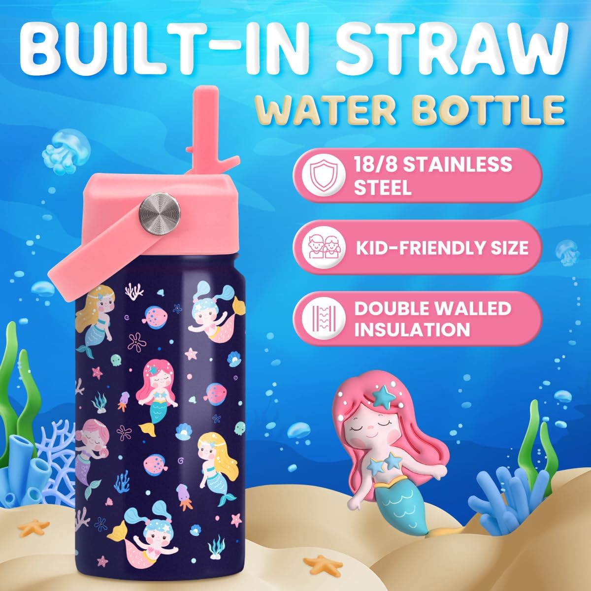 Skiennix Mermaid Water Bottle - Insulated 12 Oz Stainless Steel Cup with Straw Lid for Girls | Perfect for School & Sports