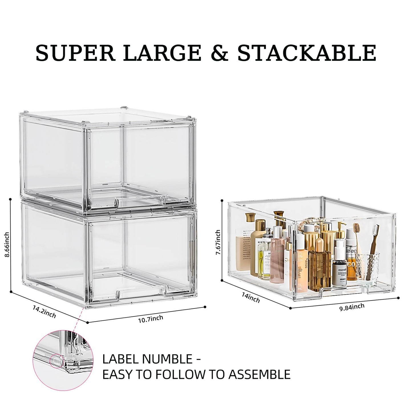 HOYOJA 2 Pack Large Stackable Storage Drawers, Clear Plastic Drawer Organizer, Under Sink Cabinet Drawers, Pantry Organizers and Storage Drawer, Arcylic Drawer for Makeup, Bathroom, Kitchen, Office