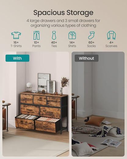 SONGMICS Dresser - 7-Drawer Storage Organizer Unit for Bedroom & Entryway - Rustic Brown & Ink Black