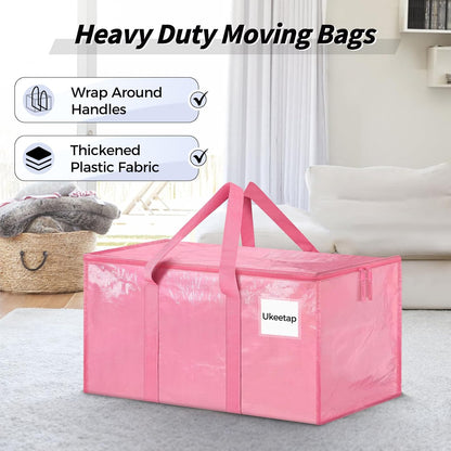 Skiennix Extra Large Heavy-Duty Moving Bags - 16 Pack Pink Storage Bins with Lids & Reinforced Handles