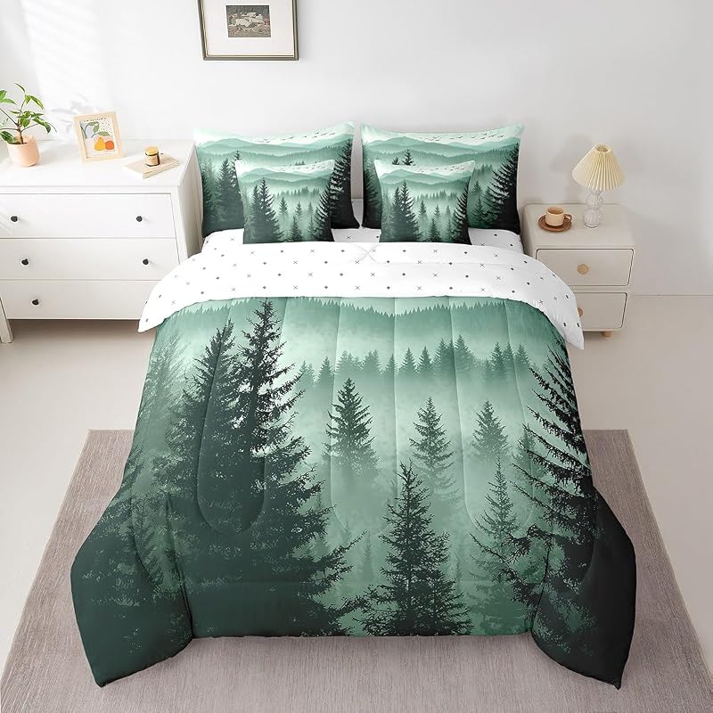 Olive Green 7-Piece Full Comforter Set with Sheets - Mountain Pattern (Variation: Dark Green+Full)