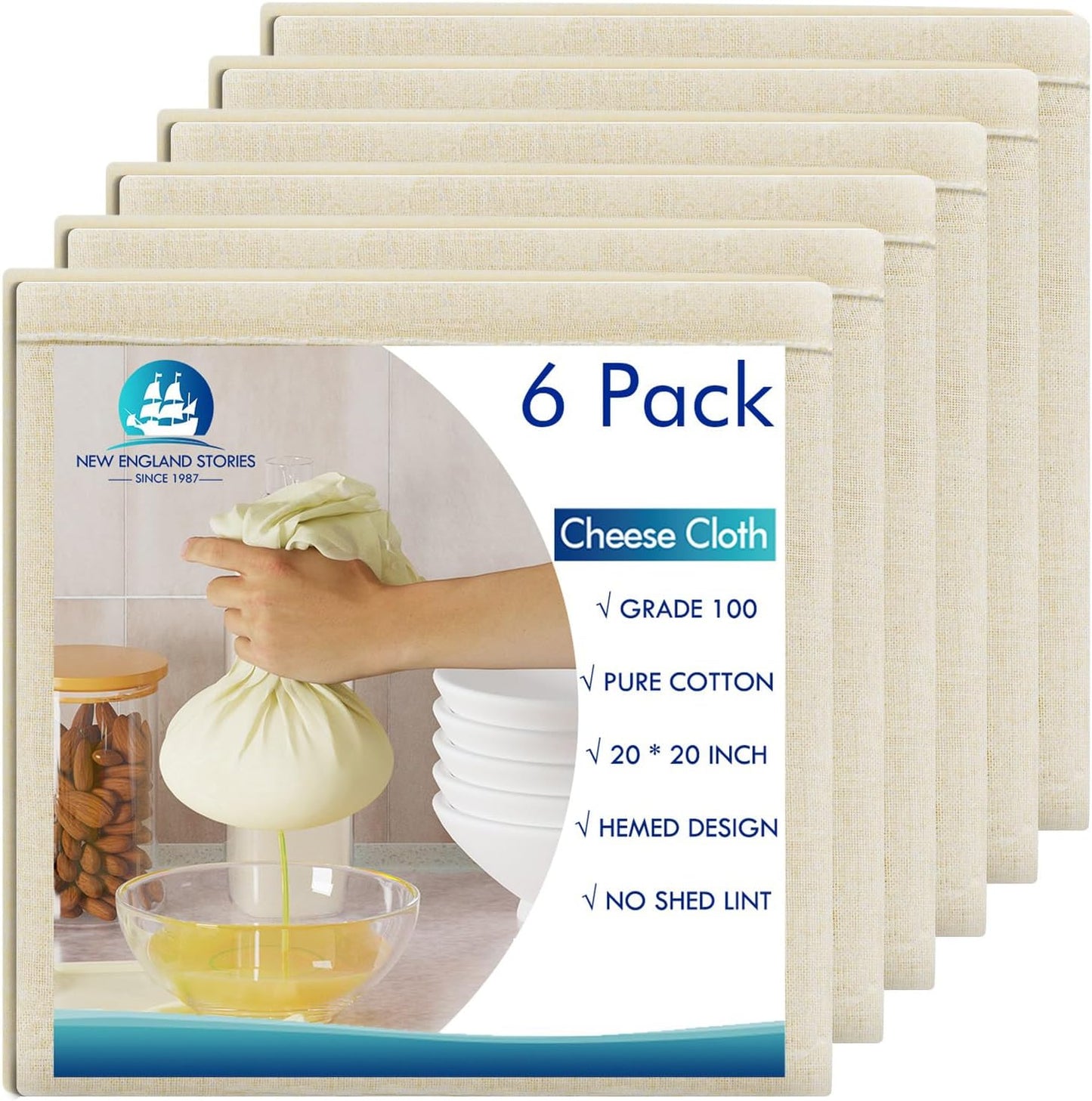 Skiennix Reusable Cheesecloth - 100% Cotton Unbleached Strainer, 20x20 Inch, 6 PCS for Cooking & Baking