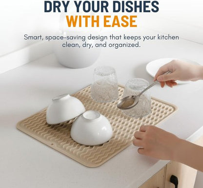 Linda’s Essentials Silicone Dish Drying Mat - Non-Slip & Heat-Resistant 16 x 12 Inch Kitchen Pad | Beige