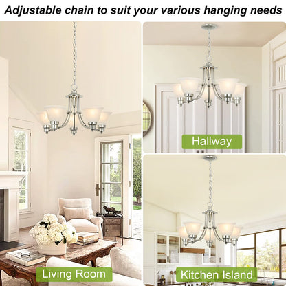 Depuley 5-Light Modern Chandelier Light Fixtures, 21" Contemporary Chandelier Brushed Nickel with Glass Shade, Adjustable Ceiling Hanging Pendant Lighting for Dining Room, E26 LED Bulbs (Not Included)