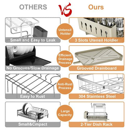 arshray Dish Drying Rack Kitchen 2-Tier 304 Stainless Steel Dish Racks for Kitchen Counter,Dish Strainer with 360°Draining Tray,Drying Rack with Water Cup Hook & Cutlery Holder,Grey