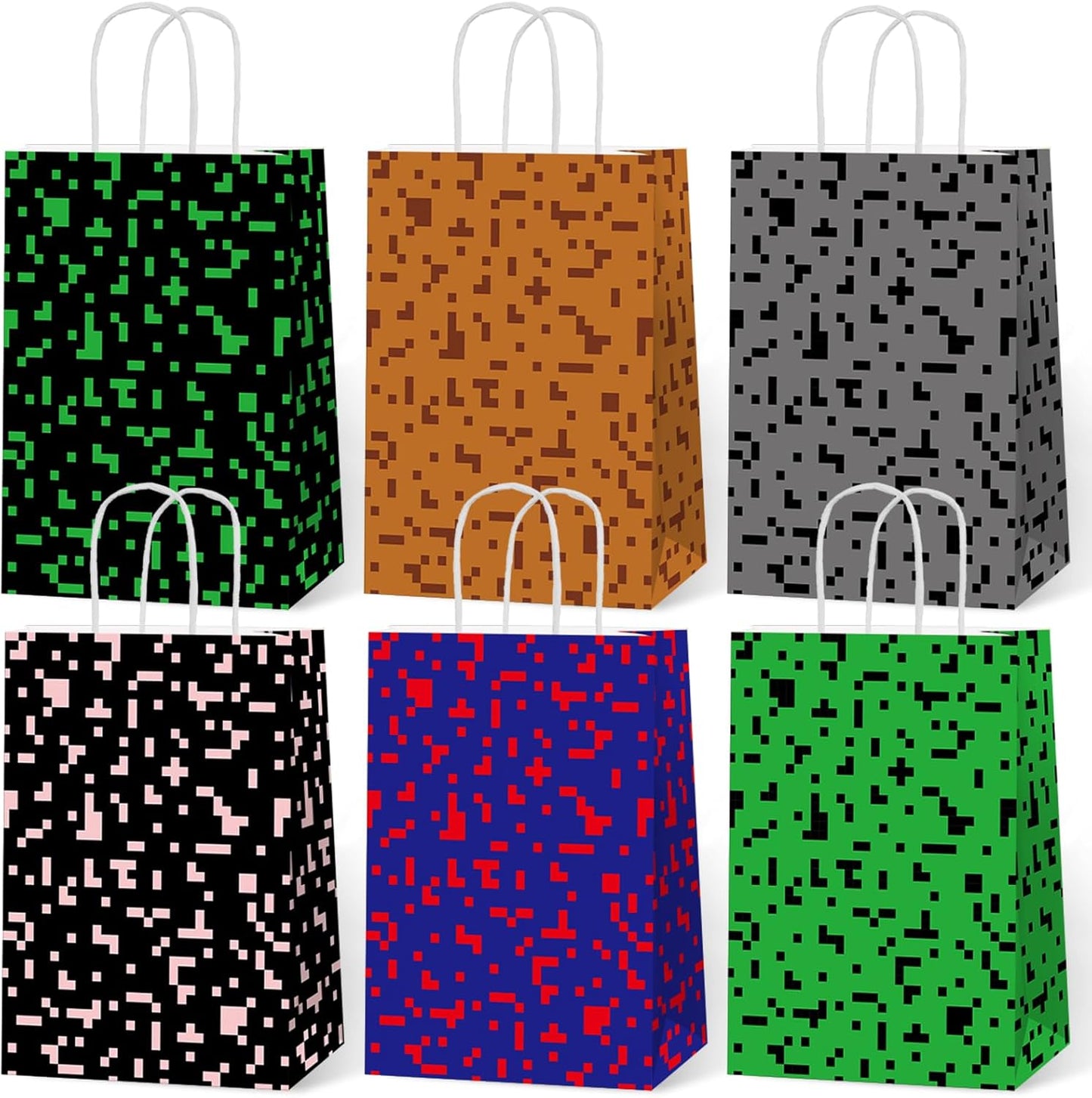 Skiennix Pixel Party Favors Bags - 12 PCS Video Game Themed Treat Bags with Handles for Kids' Birthdays