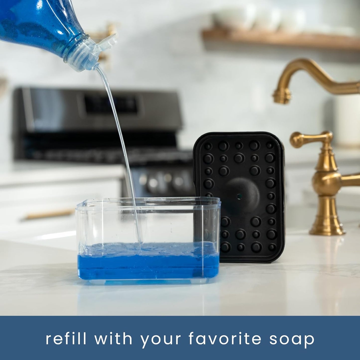 S&T INC. Dish Soap Dispenser - Kitchen Sink Sponge Holder with Enhanced Features | 13 Oz, Matte Black