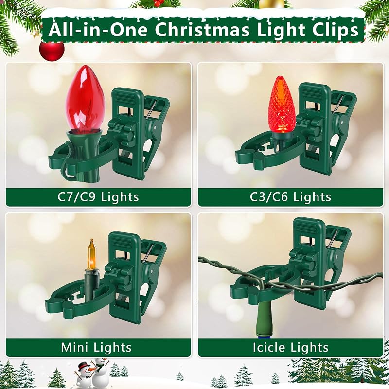 Green 100 Pack KJX Large C7/C9 Christmas Light Spring Clips for Gutters & Roofs