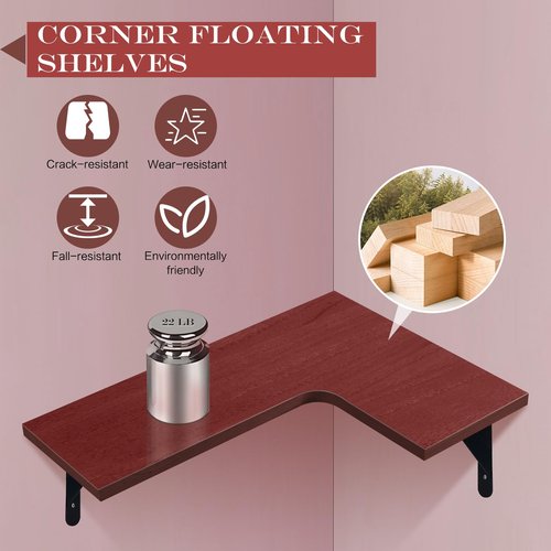 PUREZON Corner Floating Shelves Set of 4,Corner Wall Shelves,Rustic Wood Wall Mounted Shelf for Home Decor, Living Room, Bedroom, Kitchen, Bathroom,Office(Red,15.9 x 11.4 inch)