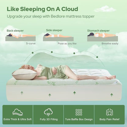 BEDLORE Twin Mattress Topper - Soft Bamboo Viscose Pillow Top for Back Pain Relief | Fits 6"-15" Mattresses