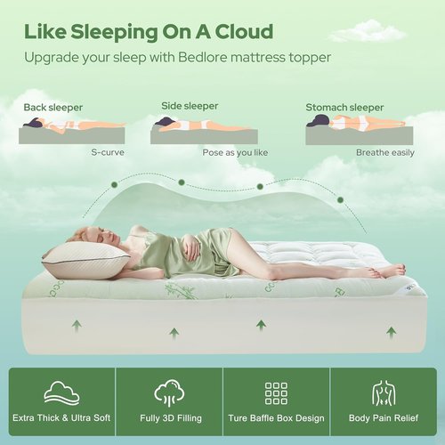 BEDLORE Twin Mattress Topper - Soft Bamboo Viscose Pillow Top for 6"-15" Mattresses | Breathable Comfort & Back Pain Relief