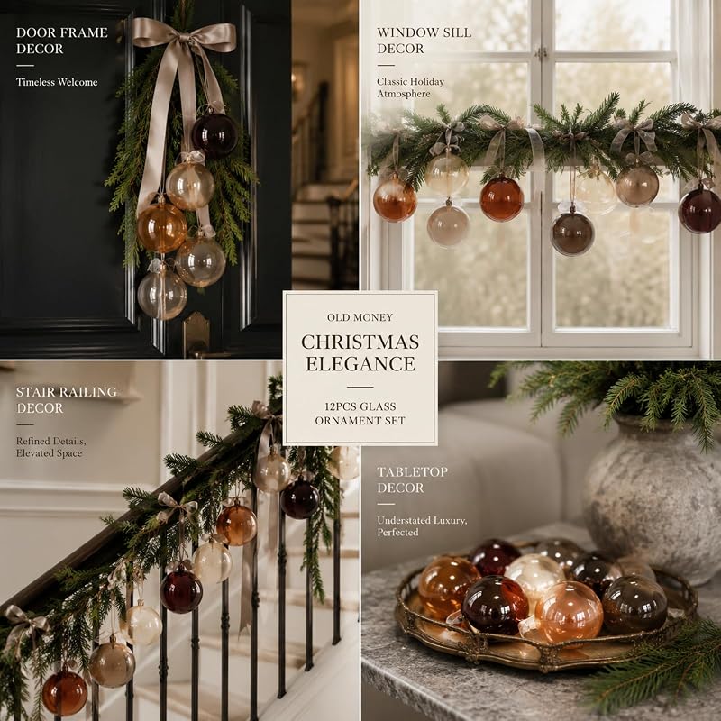 12pcs Old Money Christmas Ball Ornaments - Glass Baubles, Translucent (Variation: Translucent)